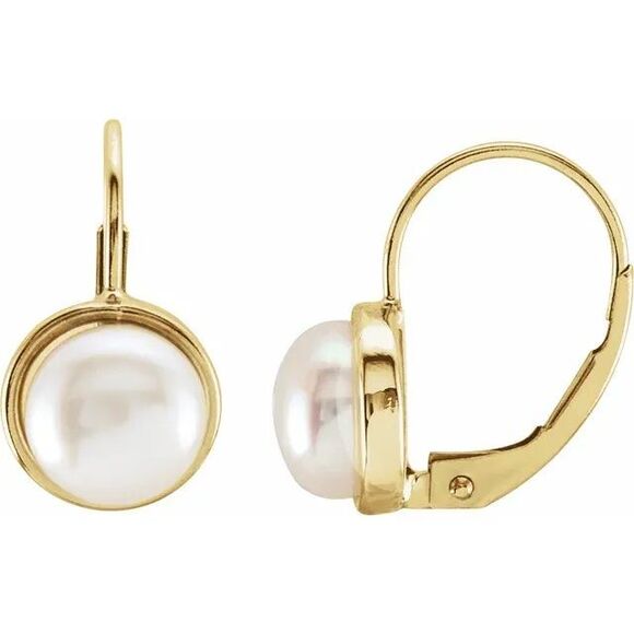 14K Yellow Cultured White Freshwater Pearl Lever Back Earring